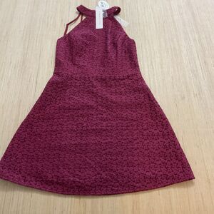 A-line Midi Maroon Wine Lace Pink+Stitch V-back line Straps Choker Collar Medium